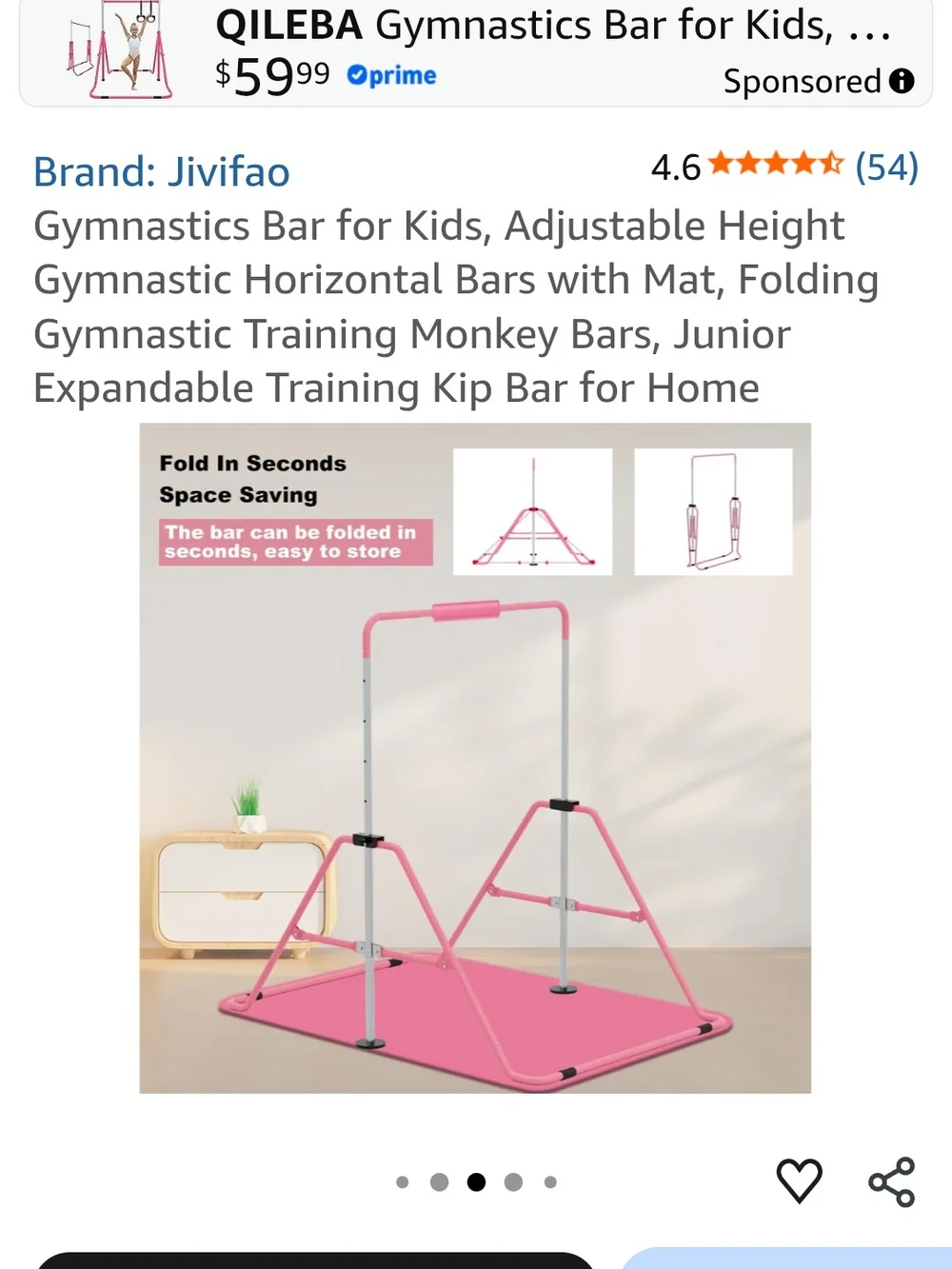 Kids Gymnastics Bar with Pink Mat - Adjustable Junior Training Set